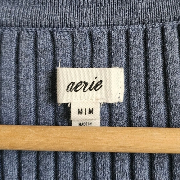 Aerie Blue Ribbed Knit Cropped Collared Sweater Top Size M - Picture 2 of 4
